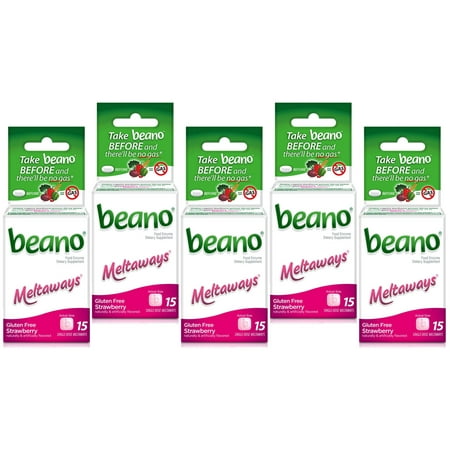 Beano Meltaways, Gas Prevention & Digestive Enzyme Supplement, Strawberry Flavor, 15 Count - 5 Pack