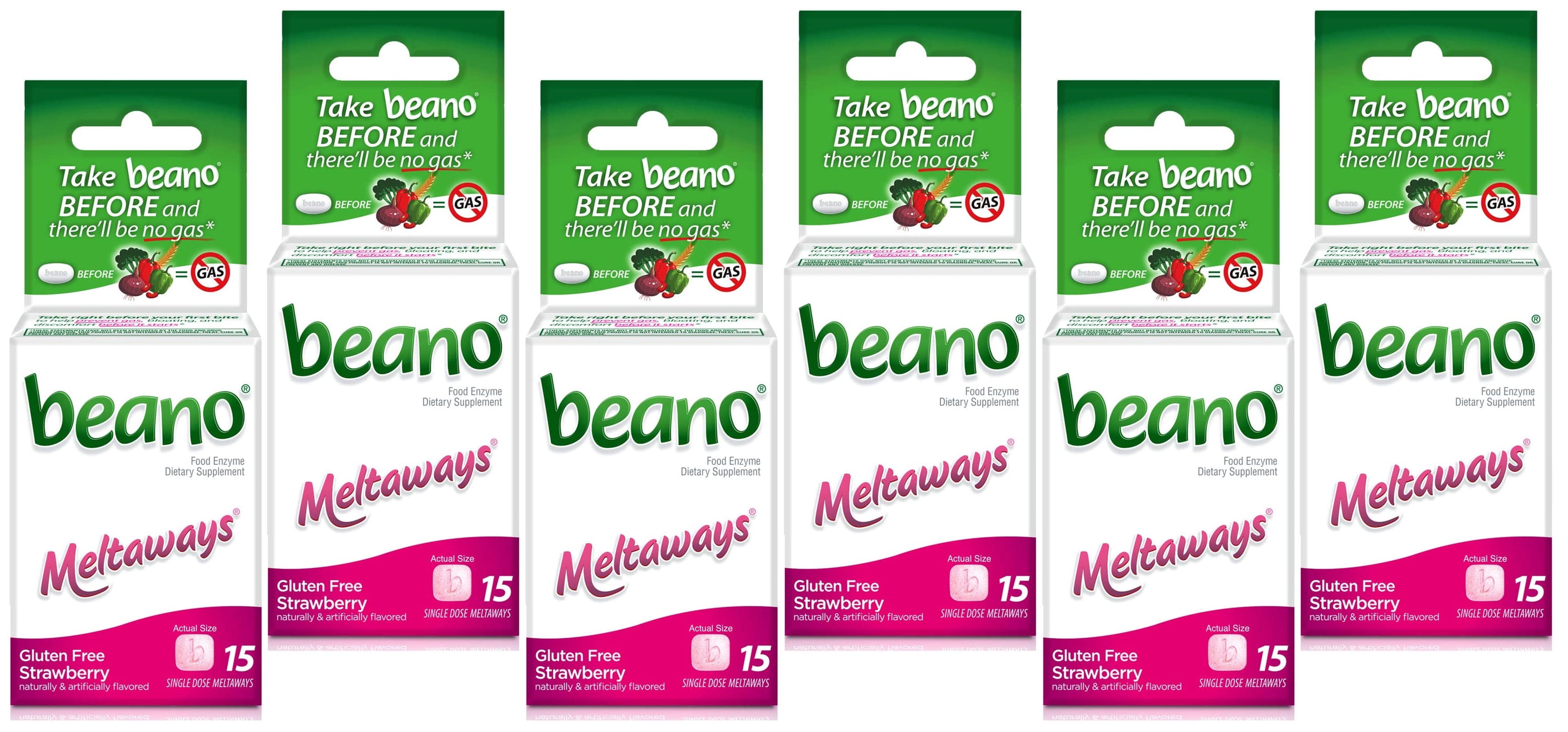 Beano Meltaways, Gas Prevention & Digestive Enzyme Supplement, Strawberry Flavor, 15 Count - 6 Pack