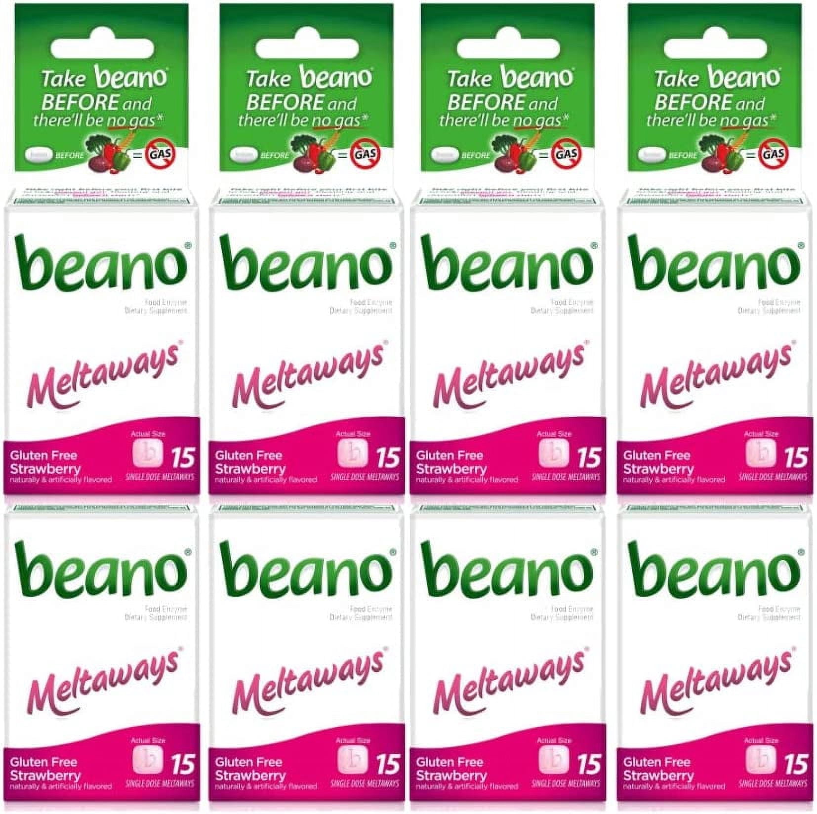 Beano Meltaways Food Enzyme Dietary Supplement Strawberry Flavor Gluten Free 15 Single Dose Tablets (Pack of 8)