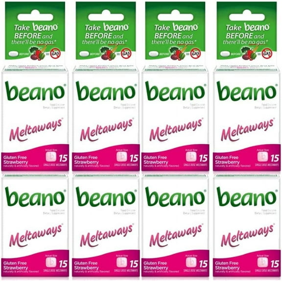 Beano Meltaways, Gas Prevention & Digestive Enzyme Supplement, Strawberry Flavor, 15 Count - 8 Pack