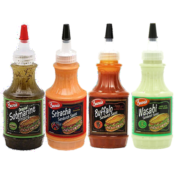 Beano's Submarine, Sriracha, Buffalo & Wasabi Sandwich Sauce Variety 4-Pack, 8 fl. oz. Bottles