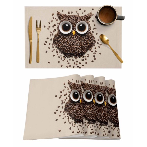 Beans Owl Placemats Set of 1 Cute Coffee Eyes Bird Animals Brown Abstract Heat Insulation Washable Place Mats, Rustic Non-Slip Table Mats for Dining Table Party Kitchen Decor,13x19 Inch