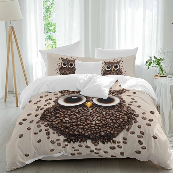 Beans Owl Twin Size Comforter Set, Cute Coffee Eyes Bird Animals Brown Abstract Bedding for All Seasons, 4 Pcs Bed Set, 1 Quiltcover (68"x86") ,1Sheet(67"x116"), 2Pillowcases (30"x20")