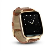 Beantech Full Function Smart Watch for Apple/Android Devices. Classical Elegance with Communications, Fitness, Music & Camera Control. Gold with Brown Calfskin Leather Strap