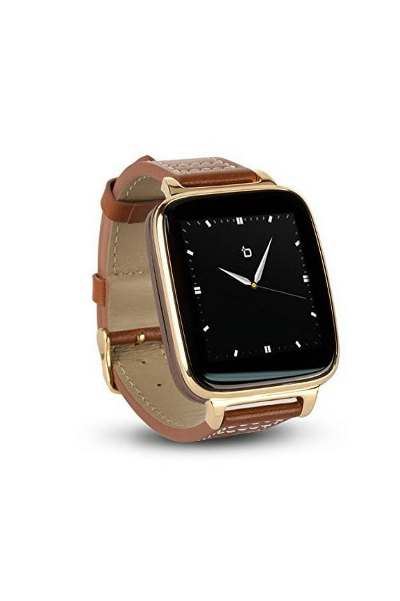 Full Function Smart Watch for Apple/Android Devices. Classical Elegance with Communications, Fitness, Music & Camera Control. Gold with Brown Calfskin Leather Strap