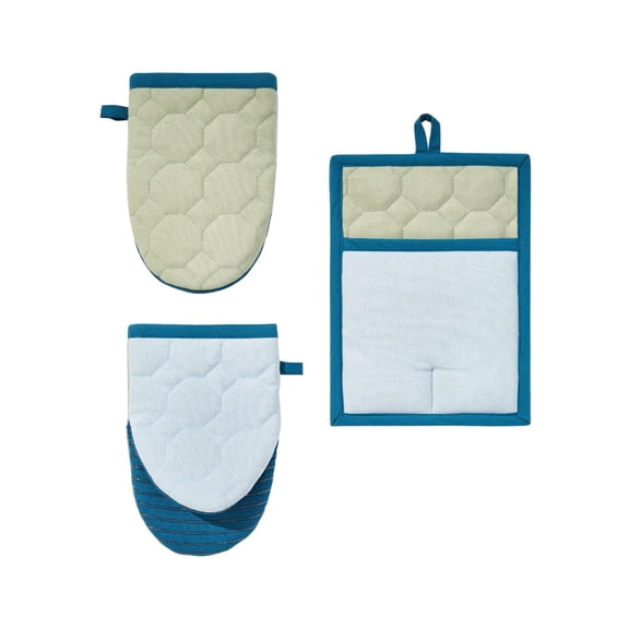 Beautiful Home by Drew Barrymore Floral Print Two Tone Mini Mitt and Pot Holder Set, 3 Pieces, Hydrangea