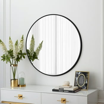 Beaquicy 24" Black Round Mirror Garden Wall Mirror Circle Wall Mirror with Towel Rack
