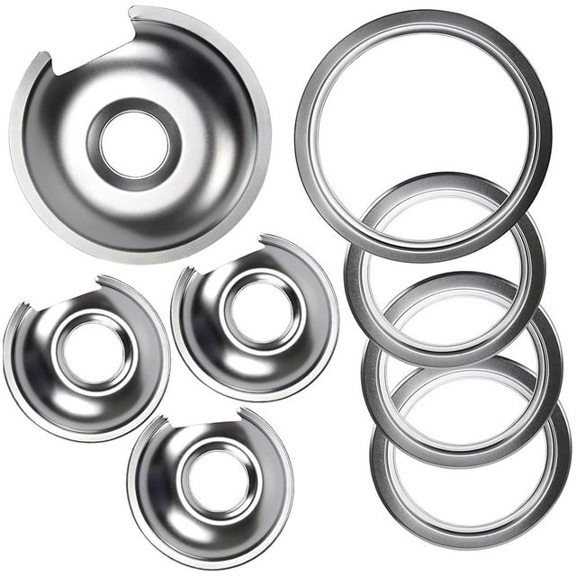 Beaquicy Chrome Stove Top Set Burner Drip Pans and Rings for GE