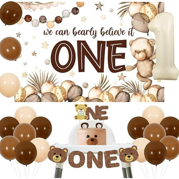 Bear 1st Birthday Decorations Bear Backdrop Brown Balloons High Chair Banner Cake Topper for Boys Beary First Birthday Party Supplies