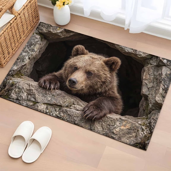 Bear 2'x3' Rug for Entryway Front Door Kitchen Sink Area, Country Rustic Natural Forest Rock Cave Wild Animal Low Pile Non Slip Rectangle Area Rug, Machine Washable Indoor Outdoor Mat