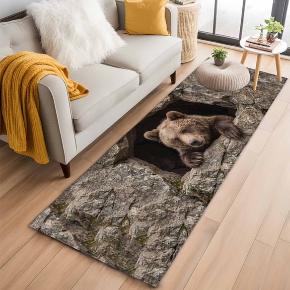 Bear 2'x6' Runner Rug for Hallway Walkway Kitchen Galley, Country Rustic Natural Forest Rock Cave Wild Animal Low Pile Non Slip Long Area Rug, Machine Washable Indoor Outdoor Mat