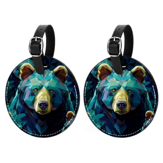 Bear 2pcs PU Leather Round Bag Tags with Privacy Cover and Name ID Tag - Suitcase Tags for Travel Luggage, Handbags, Backpacks, School Bags