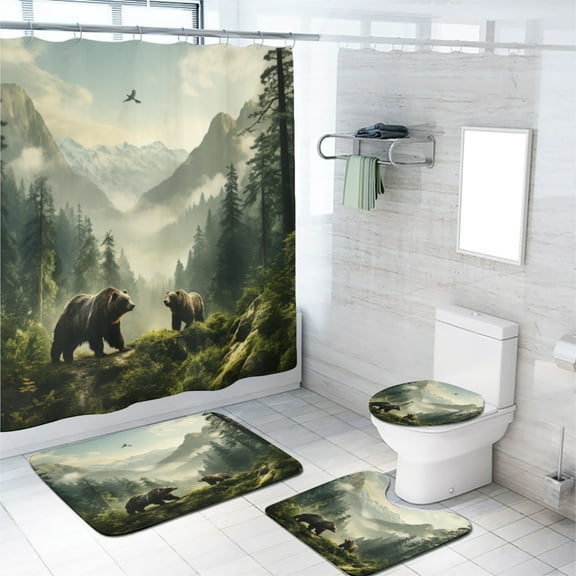Bear 4 Piece Shower Curtain Sets Rustic Green Misty Forest Cabin Country Wild Animal Hunting Lodge with Non-Slip Rugs Toilet Lid Cover and Bath Mat Bathroom Decor Set, 72x72 Inch