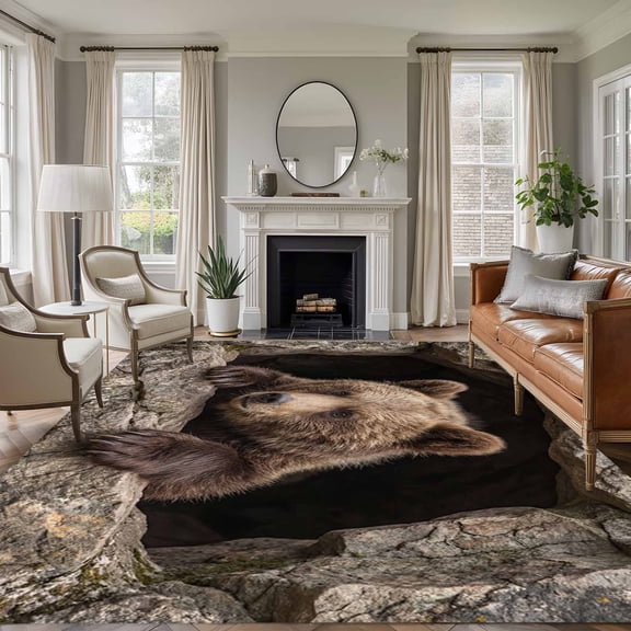 Bear 8'x10' Large Area Rug for Living Room Sectional Sofa, Country Rustic Natural Forest Rock Cave Wild Animal Non Slip Low Pile Rectangle Area Rug, Machine Washable Indoor Outdoor Mat