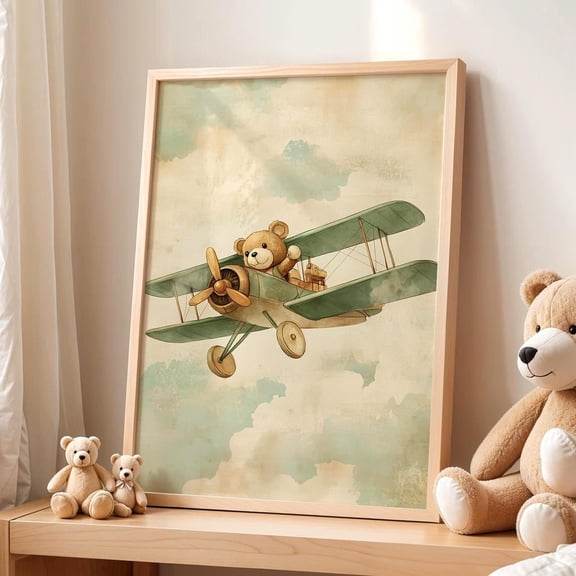 Bear Airplane Nursery Poster Sage Green Baby Boy Room Decor Aviation Nursery Art Vintage Plane Kids Room Poster Modern Decor