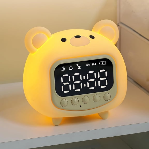 Bear Alarm Clock, Rechargeable Digital Bedside Clock with Night Light, 2 Alarms Snooze Delay Light-Off, Loud Bell 5 Ringtones Cute Animal Clock for Bedroom Study Office