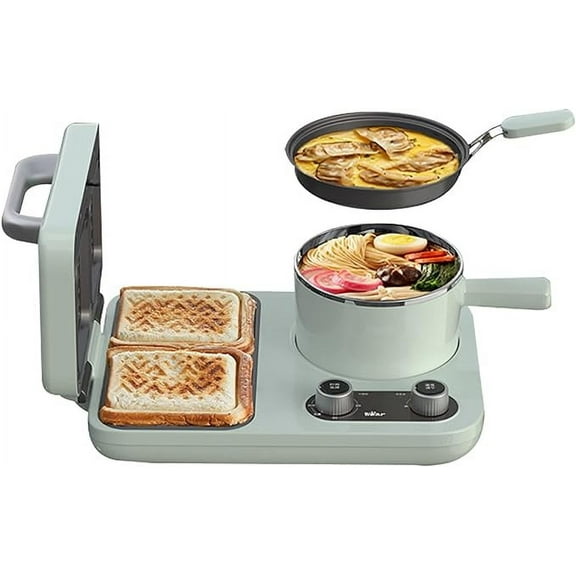 Bear All-in-1 Breakfast Station with Sandwich/Bread/Egg/Waffle/Hamburger Maker, Soup/Milk/Congee Boiler - Green