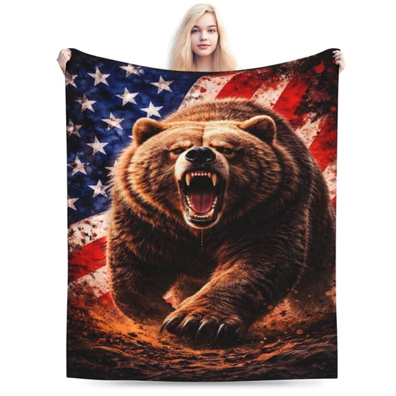 Bear Animal Blanket with American Flag Artwork, Cozy Soft Fleece Throw Blanket, Powerful Wildlife Art Decorative Blanket for Sofa, Bed, Couch, Home Decor Gift 50x40