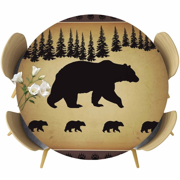 Bear Animal Silhouette Jungle Forest Fitted Round Tablecloths Table Covers 36"-44",Waterproof Table Cloth for Kitchen Holiday Party Tables Decor
