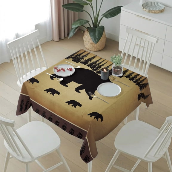 Bear Animal Silhouette Jungle Forest Table Cloth 54x54in, Waterproof Square Tablecloth Wipeable Tablecloths Retro Brown Gradient Table Covers for Dining Tables Party Indoor Outdoor