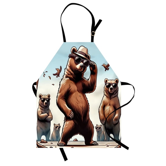 Bear Apron, Funny and Cool Wild Woodland Animals in Sunglasses Cartoon Gang, Unisex Kitchen Bib with Adjustable Neck for Cooking Gardening, Adult Size, Pale Blue Umber and Chocolate, by Ambesonne