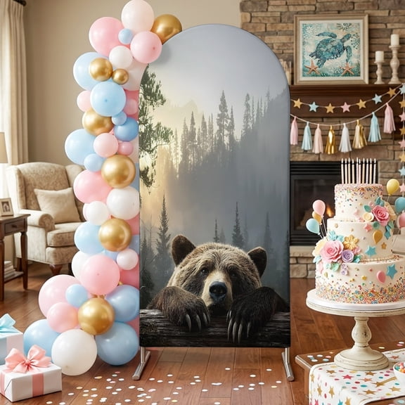 Bear Arch Backdrop Covers 4 FT, Animal Wood Fence Forest Farmhouse Stretchy Fitted Arched Stand Covers Party Arch Stand Cover Photo Booth for Wedding Birthday Decor