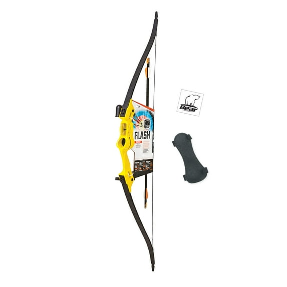Bear Archery Flash Youth Compound Bow Set with Whisker Biscuit, Armguard, and Arrow Quiver Recommended for Ages 11 and Up – Yellow