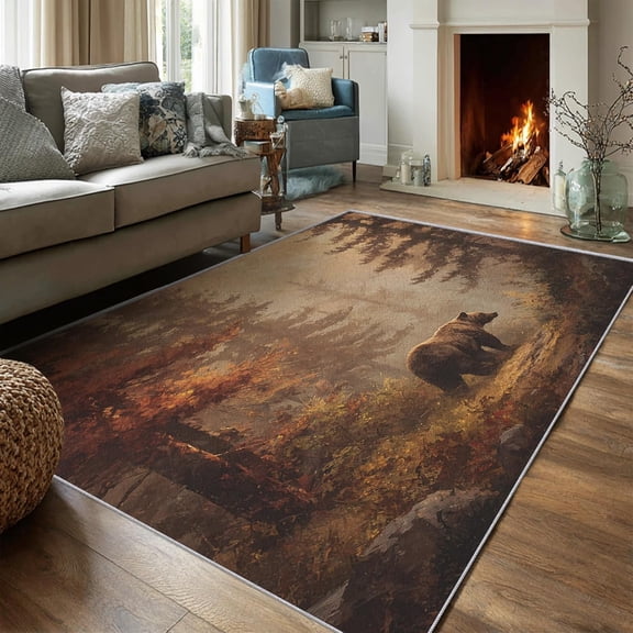 Bear Area Rugs, Forest Wildlife Pattern Carpet, Washable Non Slip Low Pile Soft Rug for Living Room Bedroom Decor Mat 2x3ft