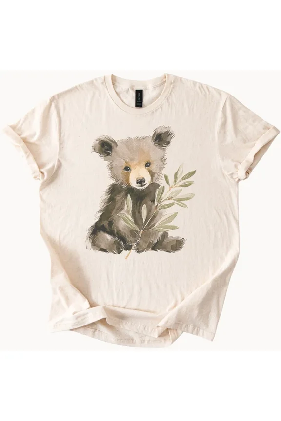 Bear Art Shirt Earth Tone Cute Animal Tee Hand Drawn Bear Leafy Branch Shirt Size S-5Xl Heygategoo Tee