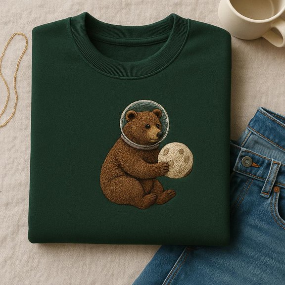 Bear Astronaut Holding Moon Embroidered Sweatshirt, Cute Space Bear Crewneck, Minimalist Wildlife Jumper, Starry Night Gift