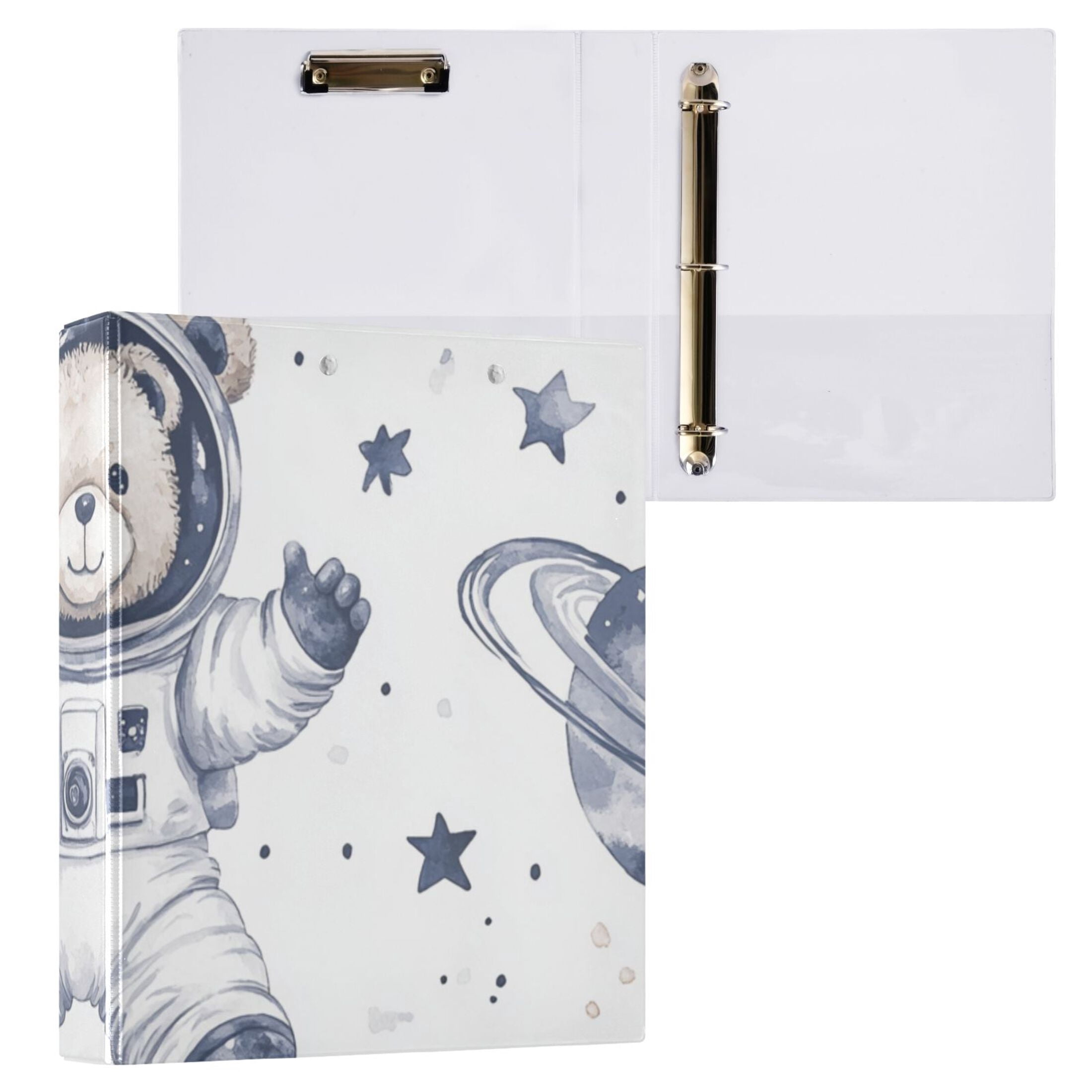 Bear Astronaut Stars Planet 3 Ring Binders 1.5 inch Hardcover File Folders with Interior Pockets A4 Size Organizer for School Office Hospital Set of 2