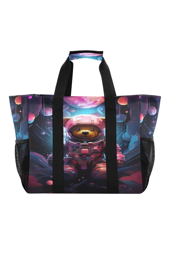 Bear Astronaut with Moon Reusable Grocery Bags with Handle Side Pocket Waterproof Shopping Portable Tote