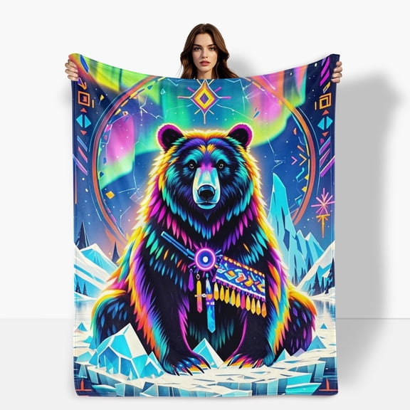 Bear Aurora Totem Colorful Design Flannel Blanket Soft Warm Comfortable For Sofa Bed Travel Camping Living Room Office Chair Polyester Fiber Gift For Family Or Friends