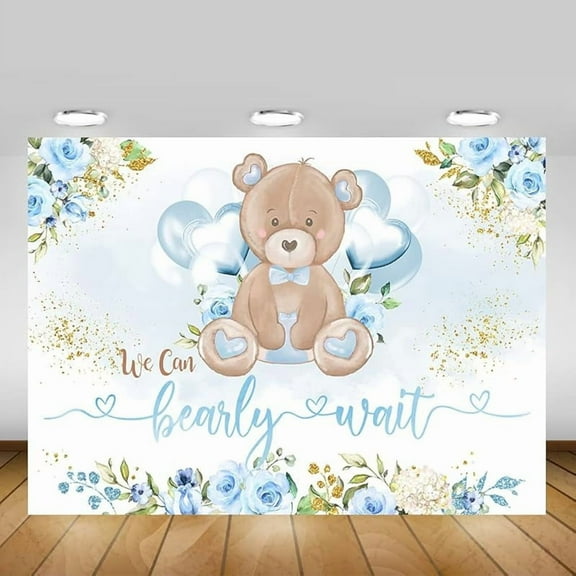Bear Baby Shower Backdrop for Boy We Can Bearly Wait Baby Shower Party Decorations Banner Lovely Bear Balloon Blue Blush Flower Photography Background Cake Table Supplies