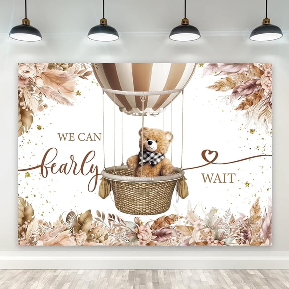 Bear Baby Shower Backdrop We Can Bearly Wait Cute Hot Air Balloon Floral Pampas Grass Polyester Fabric Plant Photography Background Newborn Table Decor Banner Studio Photo Shoot