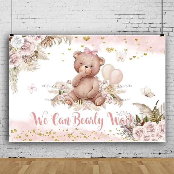 Bear Baby Shower Backdrop Pink Brown Flowers Gold Bokeh Backdrop We Can Bearly Wait Photography Background for Newborn Baby Shower Gender Reveal Party Decorations