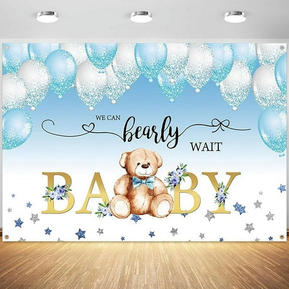 Bear Baby Shower Backdrop We can Bearly Wait Photography Background Blue Balloons Boy Baby Shower Party Banner Cake Table Decorations Polyester Photo Booth Props