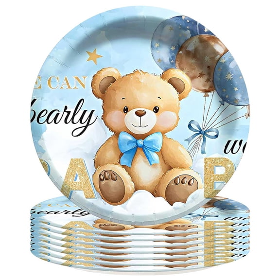 Bear Baby Shower Blue Plates Birthday Decorations Party Supplies Tableware Disposable Dinnerware 8pcs