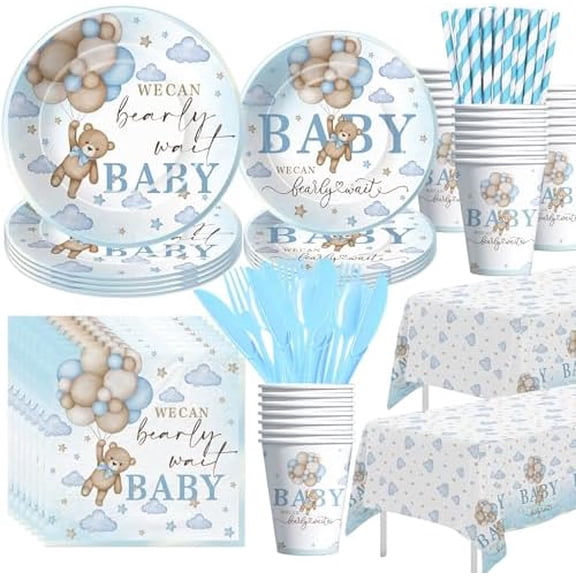 Bear Baby Shower Decorations Boy Tableware - Blue Bear We Can Bearly Wait Baby Shower Decorations Party Supplies, Paper Plate, Napkin, Cup, Cutlery, Tablecloth, 24 Guests$$