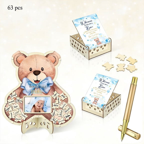 Bear Baby Shower Guest Book Alternative Set, Wooden Guest Sign In Frame with 60 Wood Pieces Memory Box and Pen, Party Guest Book Decor for Baby Shower Birthday Spring Celebration Easter Party Gift