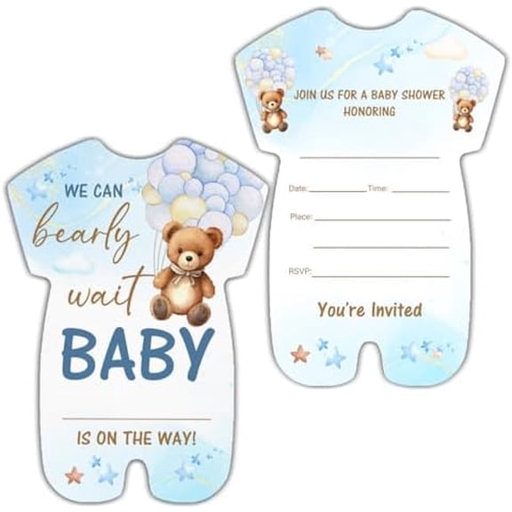 Bear Baby Shower Invitations With Envelopes (20 Count), Bear Balloon Baby Shower Gender Neutral Party Fill in Invites Cards, Double Sided Design