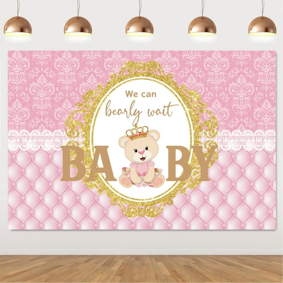 Bear Baby Shower Party Backdrop We Can Bearly Wait Photo Background Pink Teddy Bear Background for Girl Boy Baby Shower Gender Reveal Birthday Party Decorations