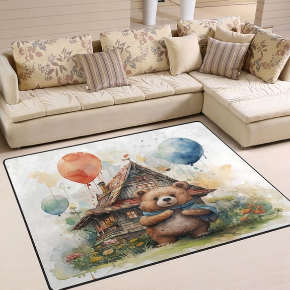 Bear Balloon House Flowers Area Rug Washable 80 x 58 Floor Carpet Mat Non Slip for Bedroom Living Room Home Decor