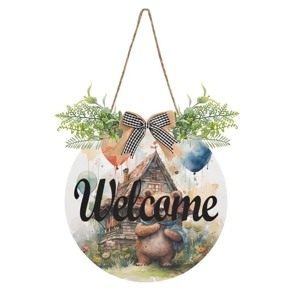 Bear Balloon House Flowers Welcome Sign for Front Door Wreath Door Sign for Farmhouse Porch Decoration Indoor Outdoor