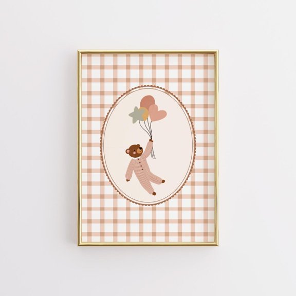 Bear Balloon Print, Boho Nursery Wall Art, Unframed Paper Poster 8x10in
