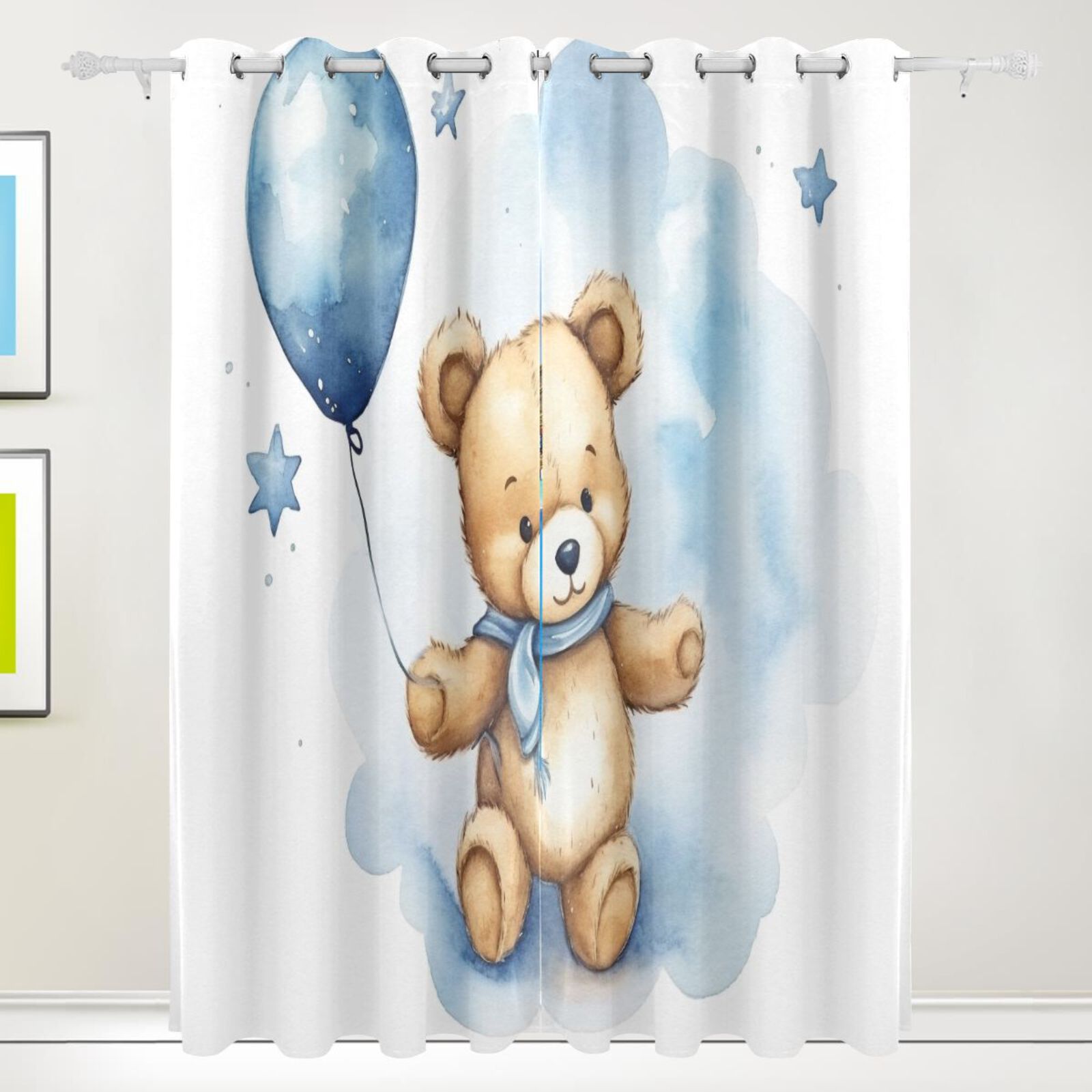 Bear Balloon and Stars Black Out Curtains 72 Inch Length Curtains for Sliding Glass Doors Bedroom Living Room 2 Pack