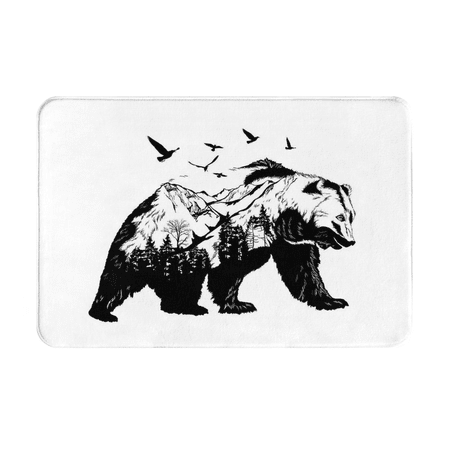 Bear Bath Mat, Mammal Silhouette Mountain Landscape Flying Birds and Forest Wildlife Design non-slip bathroom mat door mat 16"x24"