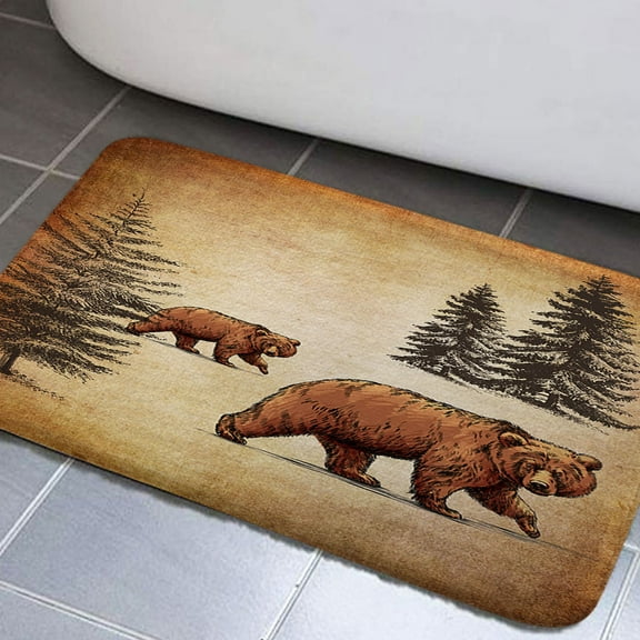 Bear Bathroom Rug Mat, Wild Animals Rustic Cabin Forest Non-Slip Bath Carpet, Bear Print Wooden Board Absorbent Doormat Bedroom Rug Kitchen Rug (17"X29")
