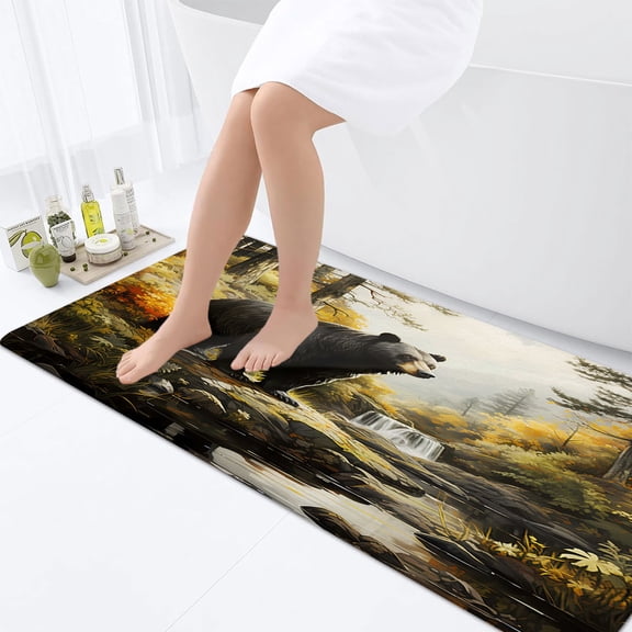 Bear Bathroom Rugs, Country Hunting Non-Slip Bath Rugs Wild Animal Lodge Green Forest Bathroom Rugs Set Adventure Woodland Cabin Farmhouse Cabin Bathroom Rug Mat 17X48inch, Soft Absorbent Bath Rugs