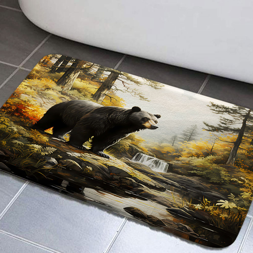 Bear Bathroom Rugs, Country Hunting NonSlip Bath Rugs Wild Animal Lodge Green Forest Bathroom